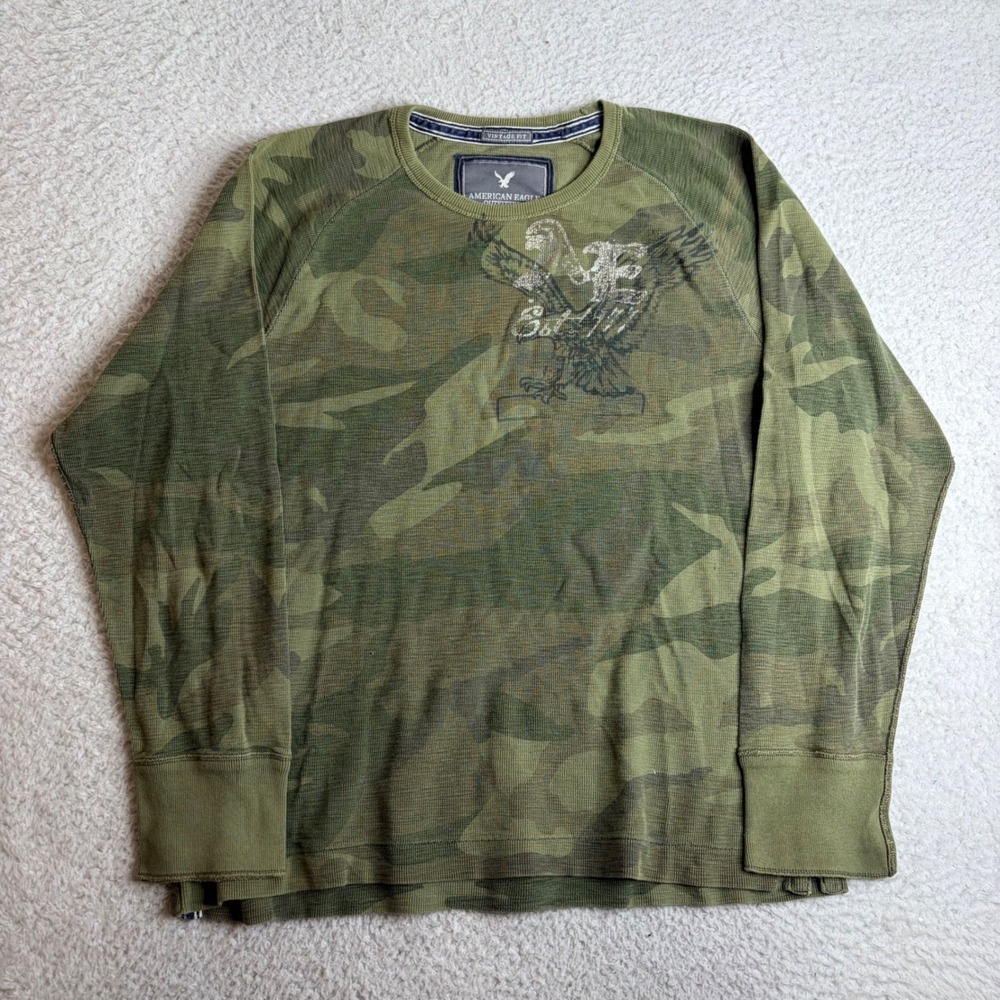 American Eagle Y2K Mens XXL Camo Thermal Waffle Knit Long Sleeve Graphic Shirt